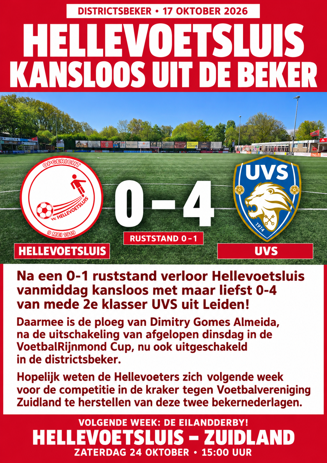 Hellevoetsluis ook uitgeschakeld in de districtsbeker